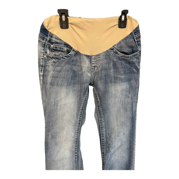 Indigo Blue Womens Maternity Jeans~Sz Small~Blue Distressed Secret Belly L14 38 - Picture 2 of 9